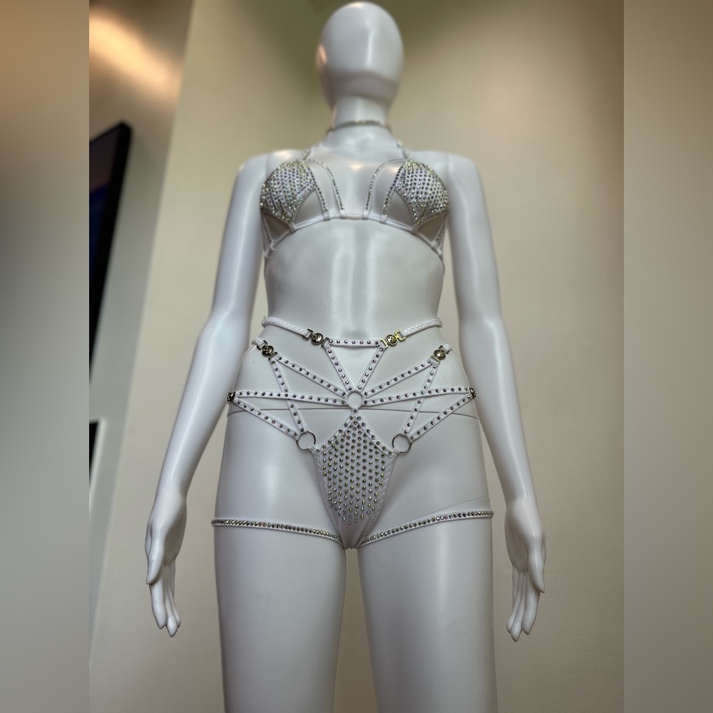 White AB Rhinestone 4 Piece Lingerie Set Bikini XS, D Cup, Festival, Rave, Dance - Picture 8 of 13